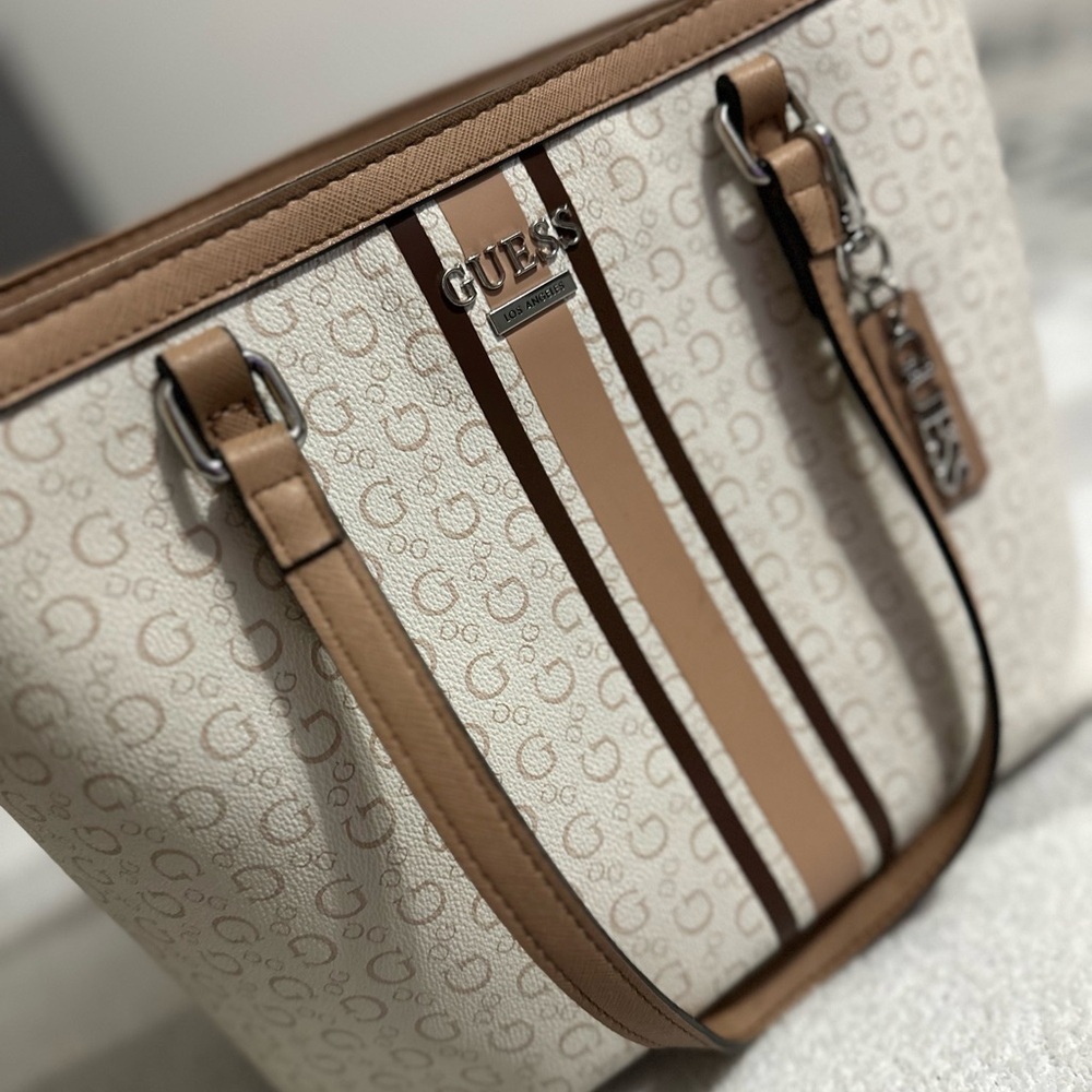 GUESS Beige and Tan Signature Tote